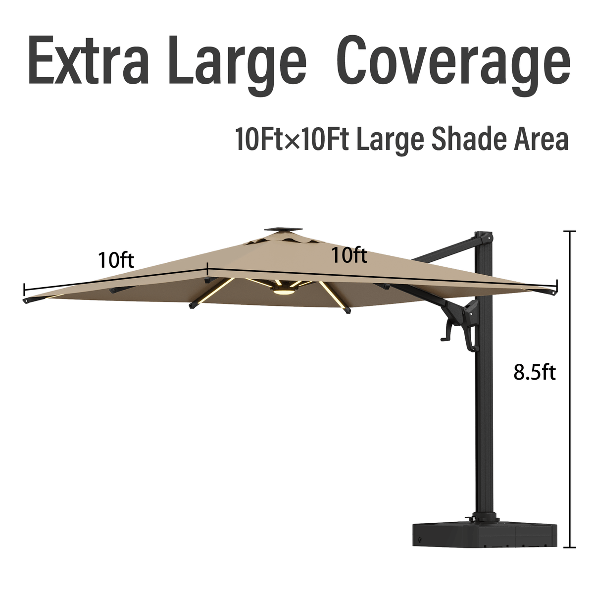 EROMMY 10 X 10 Cantilevered Umbrella with LED Lights, Base Excluded - Brown