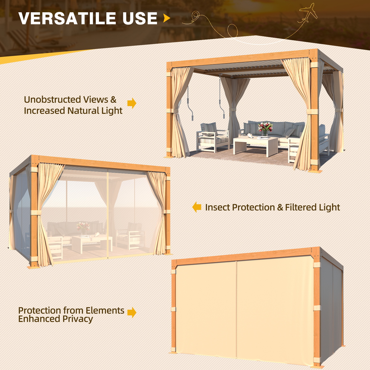 EROMMY 10X12 Pergola with Adjustable Louvered Roof  – Wood Grain