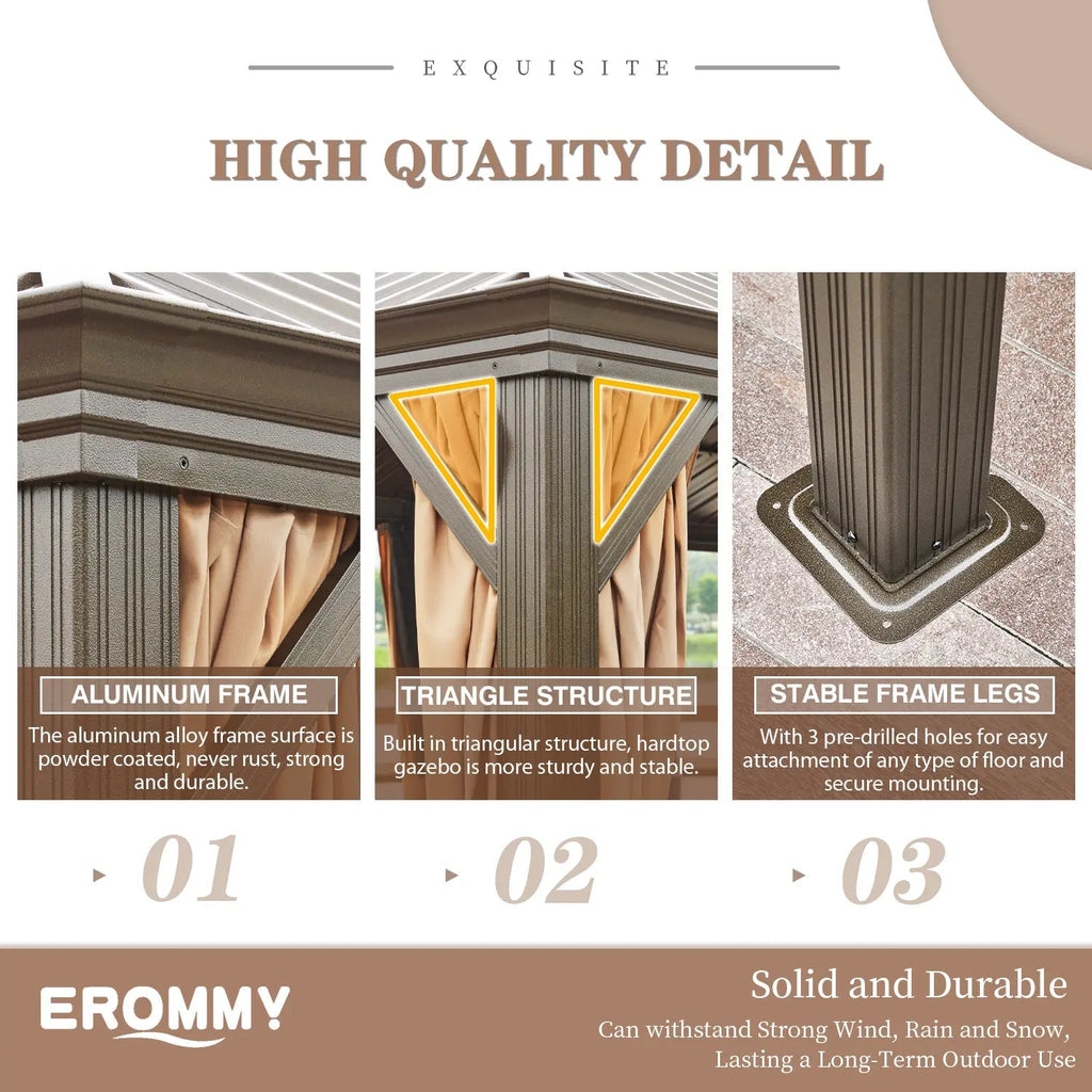 EROMMY 10' x 13' Hardtop Gazebo Canopy, Outdoor Aluminum Gazebo with Galvanized Steel Double Roof, Curtains and Netting Included, Brown