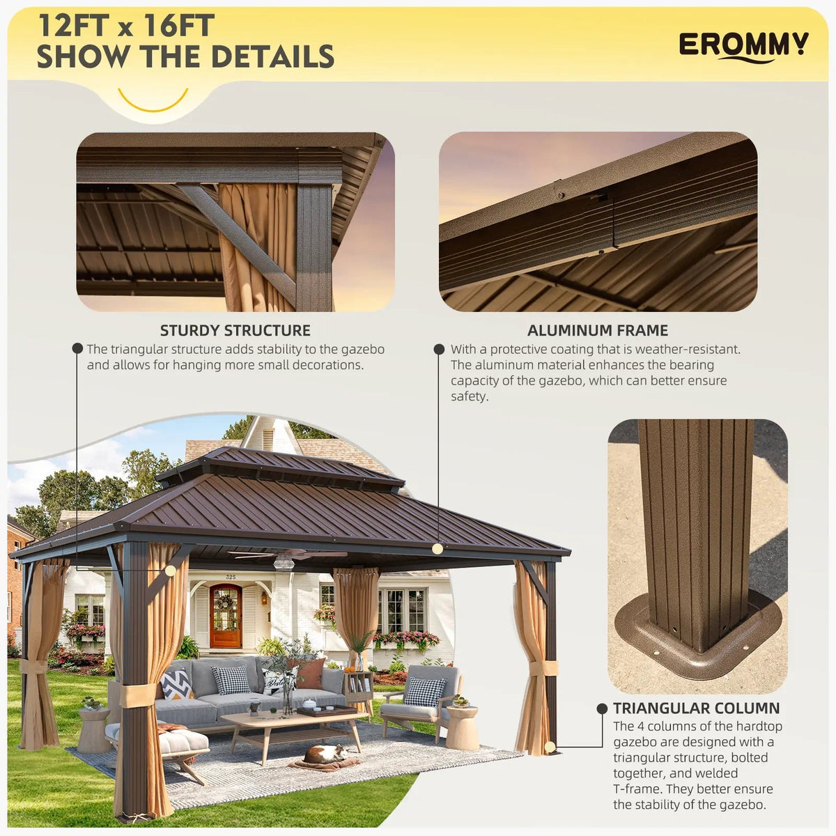 EROMMY 12X16 Hardtop Gazebo with Netting for Outdoor