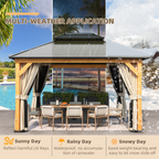 EROMMY 11'x 13' Hardtop Gazebo, Wood Outdoor Gazebo, Polycarbonate Double Roof, Netting and Curtains, Patio Gazebo