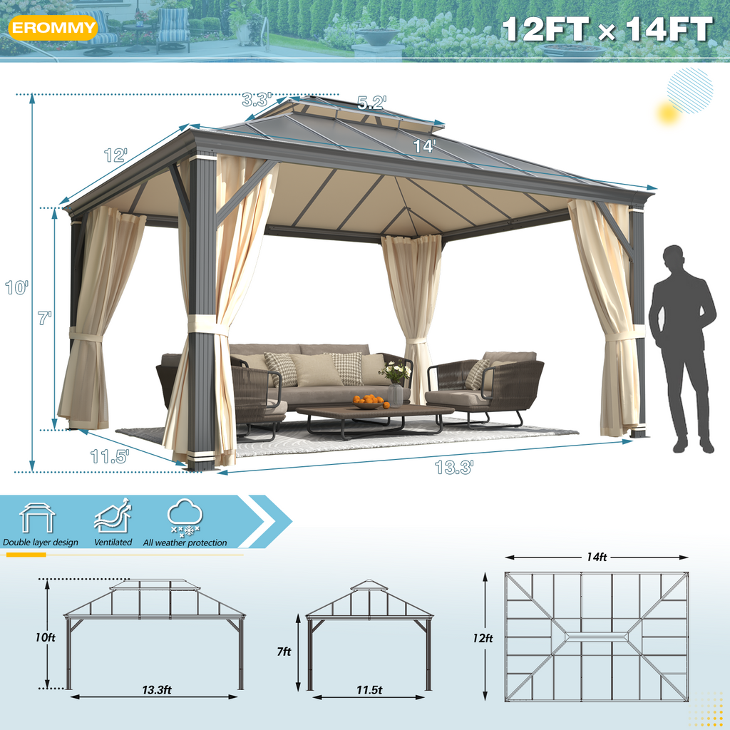 EROMMY 12' x 14' Hardtop Permanent Outdoor Aluminum Patio Gazebo with Double Roof for Patio and Garden, Curtains and Netting