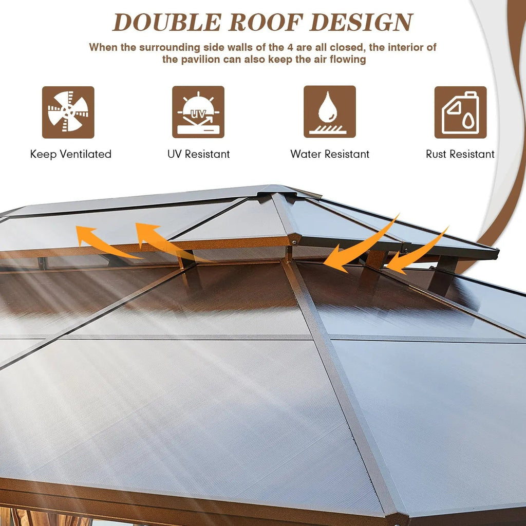 EROMMY 12' x 16' Patio Hardtop Gazebos Canopy Polycarbonate Double-Roof w/ Netting & Curtains