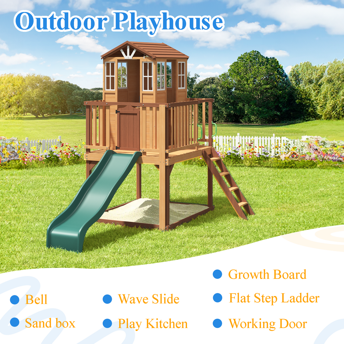 Erommy  Outdoor Wooden Playhouse for Kids - Fir Tree House with Slide, Climbing Ladder & Play Kitchen | Ages 4-8, Wood