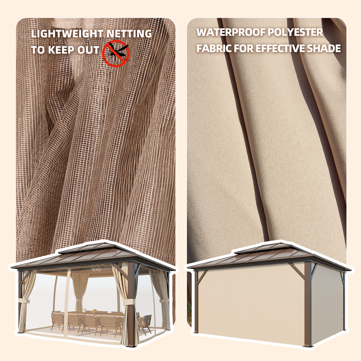 EROMMY 12' x 14' Hardtop Gazebo, Outdoor Gazebo with Polycarbonate Vertical Stripe Double Canopy, Aluminum Gazebo with Netting and Curtains for Patios