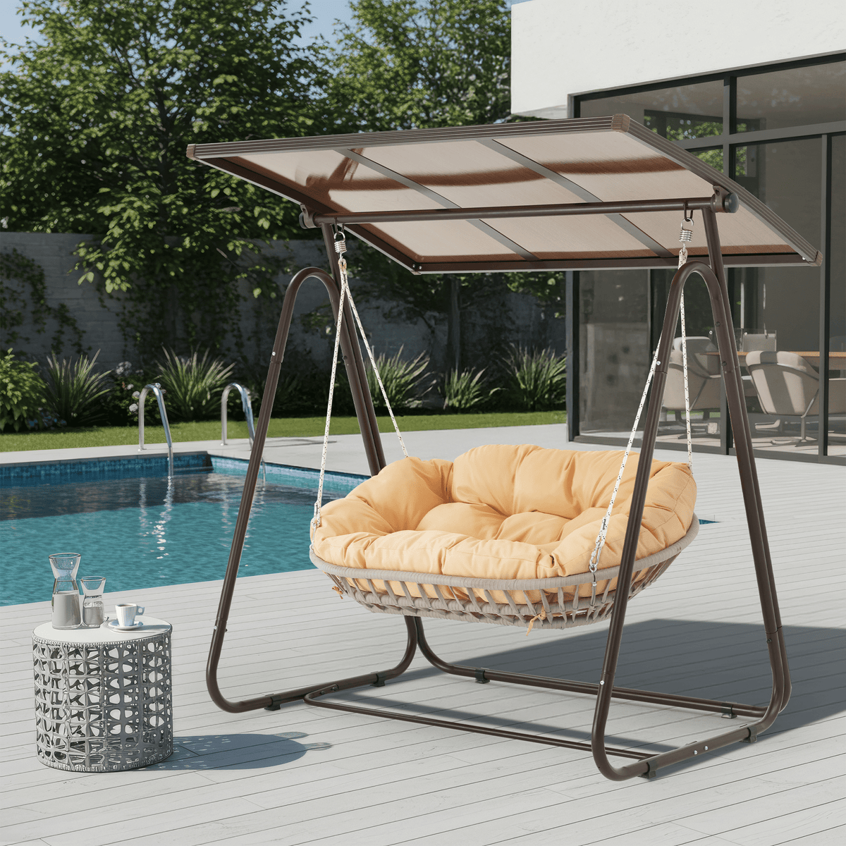 EROMMY 2-Seat Patio Swing Chair with Adjustable Canopy, Beige