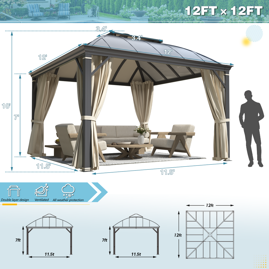 EROMMY 12' x 12' Hardtop Gazebo, Permanent Outdoor Aluminum Patio Gazebo with Aluminum Composite Double Arc Roof, Curtains and Netting Included