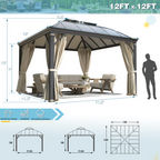 EROMMY 12' x 12' Hardtop Gazebo, Permanent Outdoor Aluminum Patio Gazebo with Aluminum Composite Double Arc Roof, Curtains and Netting Included