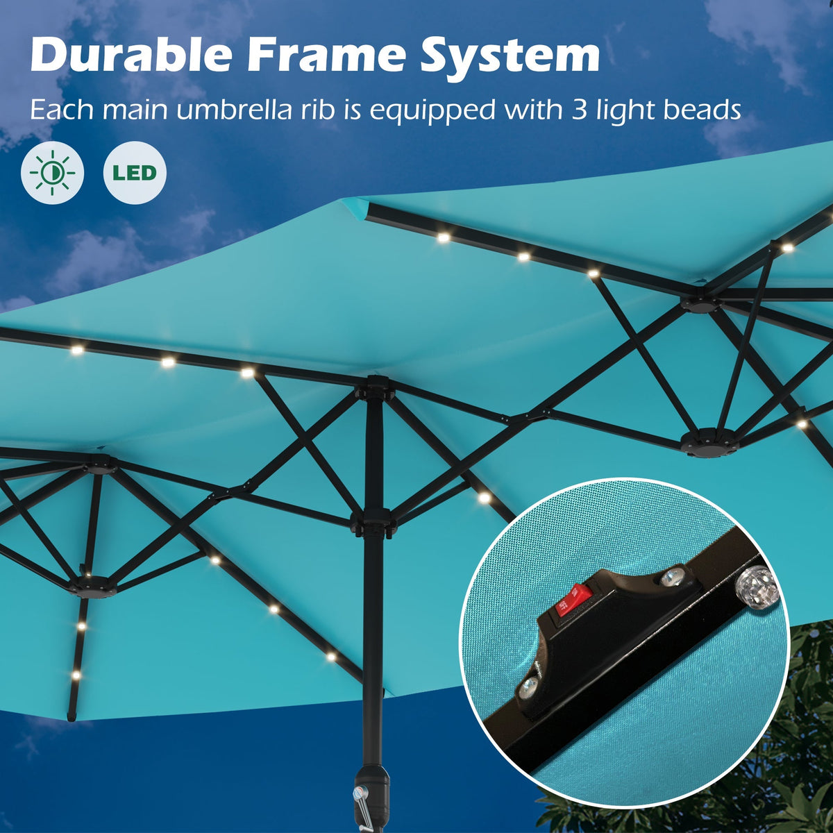 EROMMY 15 X 9 Double-Sided Large Umbrella with Solar LED - Blue