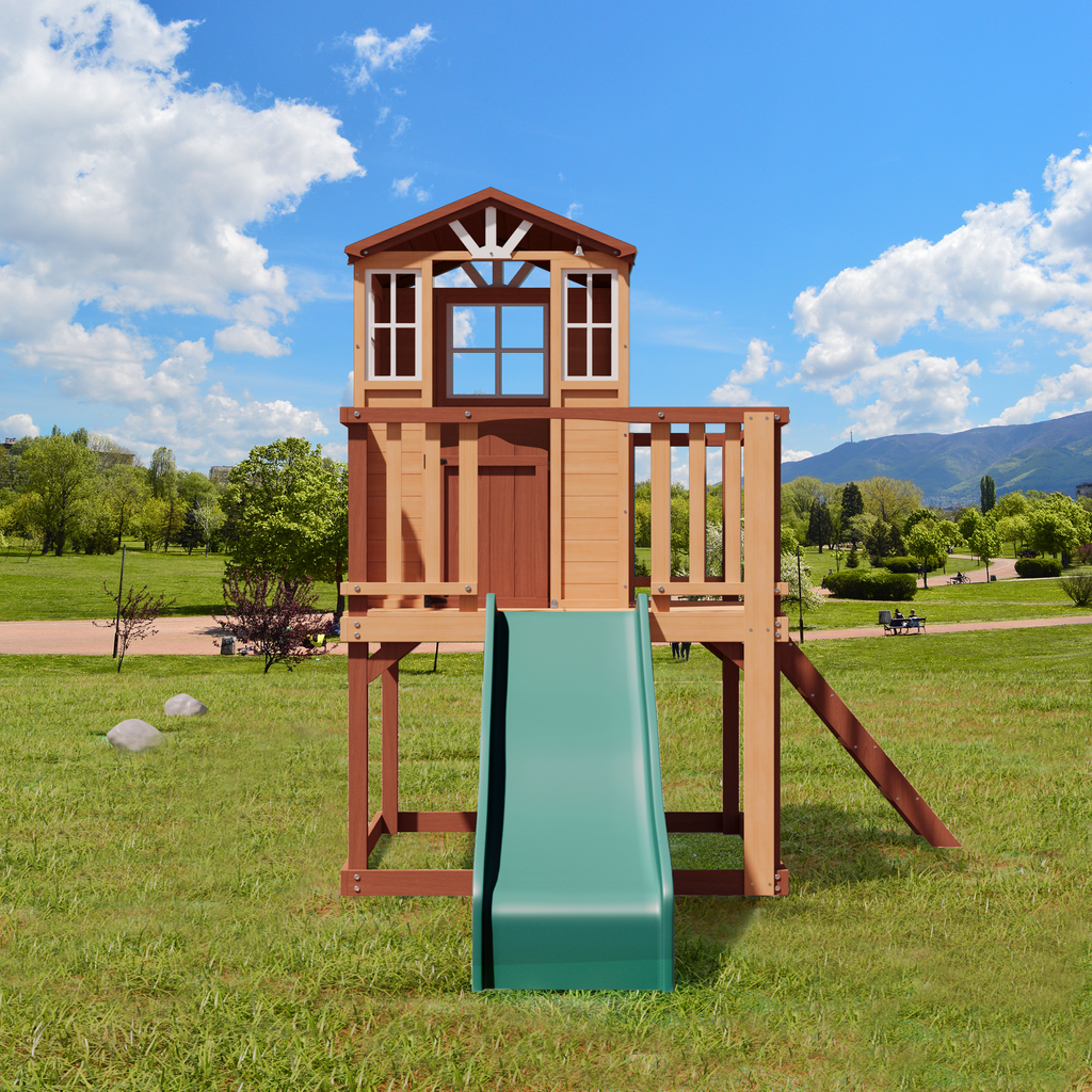Erommy  Outdoor Wooden Playhouse for Kids - Fir Tree House with Slide, Climbing Ladder & Play Kitchen | Ages 4-8, Wood