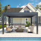 EROMMY 10' x 13' Outdoor Pergola with LED Lights, Aluminum Gazebo with Motorized Louvers & Side Screens for Patio, Backyard & Poolside, Black