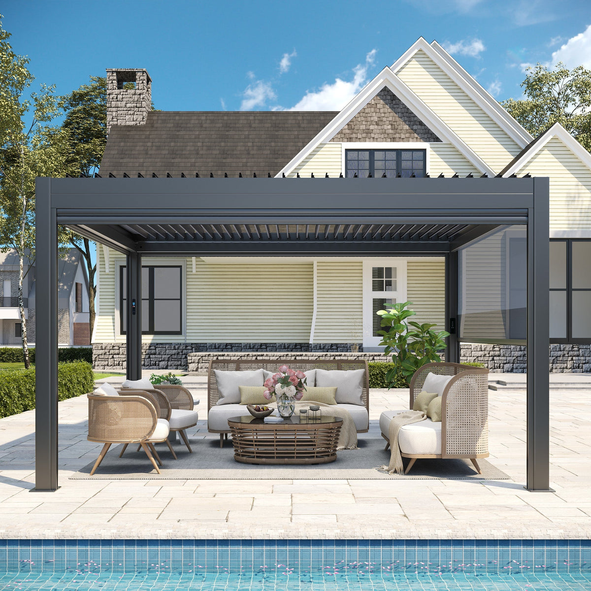 EROMMY 10' x 13' Outdoor Pergola with LED Lights, Aluminum Gazebo with Motorized Louvers & Side Screens for Patio, Backyard & Poolside, Black