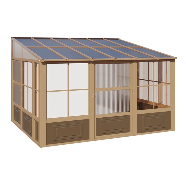 EROMMY 10X12 Wall Mounted Sunroom with Prefab 4-season Design – Brown