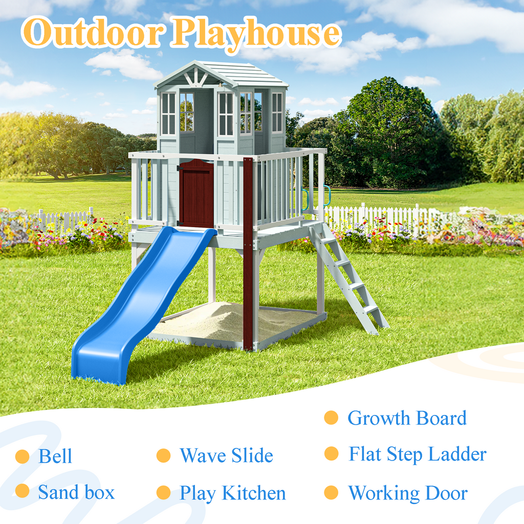 Erommy  Outdoor Wooden Playhouse for Kids - Fir Tree House with Slide, Climbing Ladder & Play Kitchen | Ages 4-8, Gray