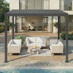 EROMMY 10' x 10' Outdoor Pergola with Adjustable Louvered Roof & Integrated Drainage, Heavy-Duty Metal Louvered Pergola for Patios, Black