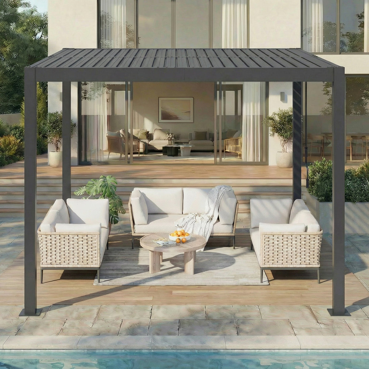 EROMMY 10' x 10' Outdoor Pergola with Adjustable Louvered Roof & Integrated Drainage, Heavy-Duty Metal Louvered Pergola for Patios, Black