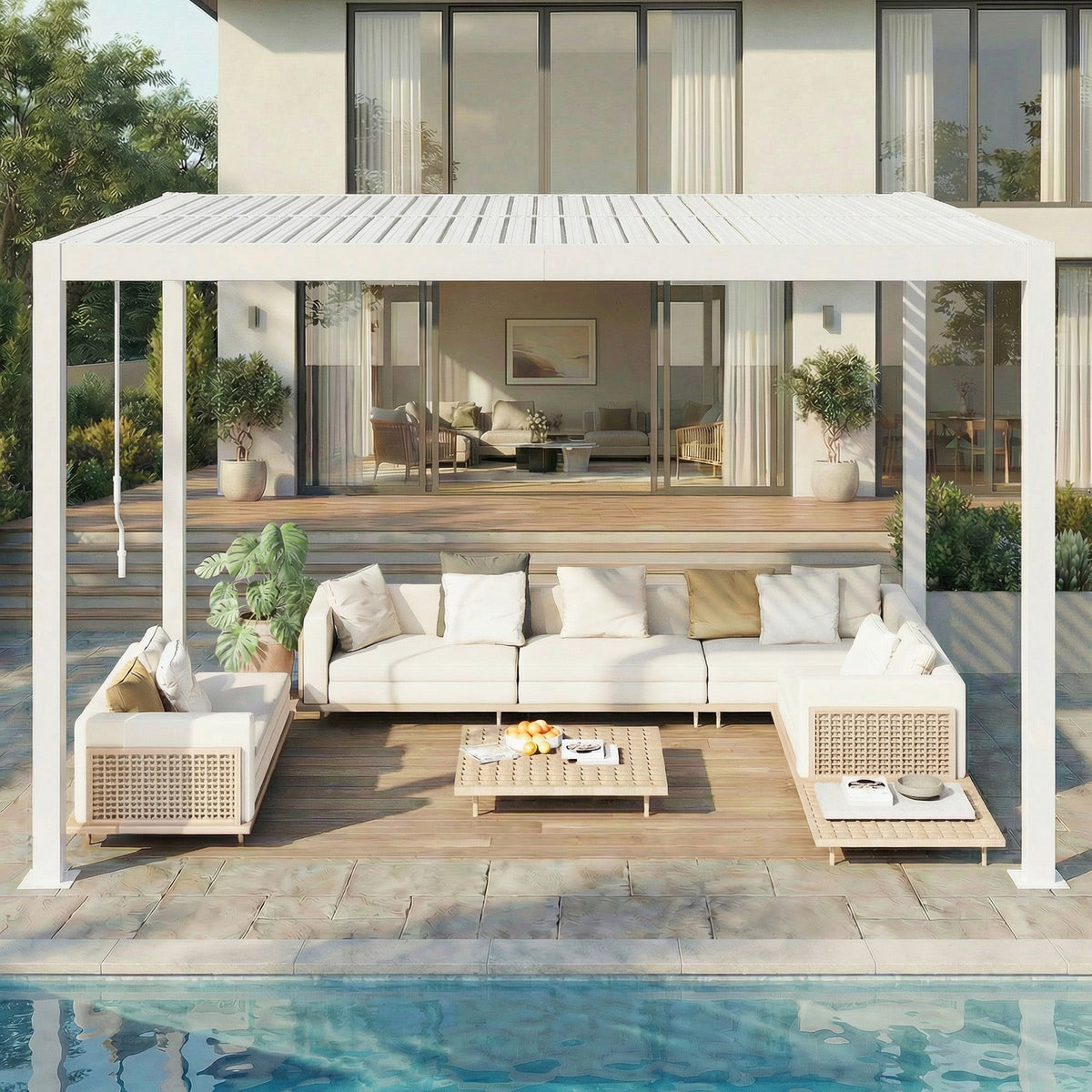 EROMMY 10' x 12' Outdoor Pergola with Adjustable Louvered Roof & Integrated Drainage, Heavy-Duty Metal Louvered Pergola for Patios, White