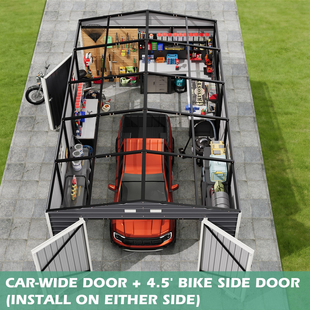 EROMMY 14x24 FT Heavy Duty Carport - Galvanized Steel Frame Car Shelter with Reinforced Base, Enclosed Storage Shed for Cars & Trucks, Grey