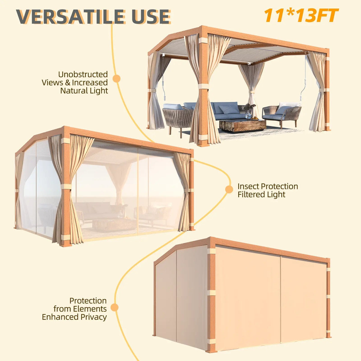 EROMMY 11x13 Louvered Aluminum Pergola with Canopy – Wood Grain