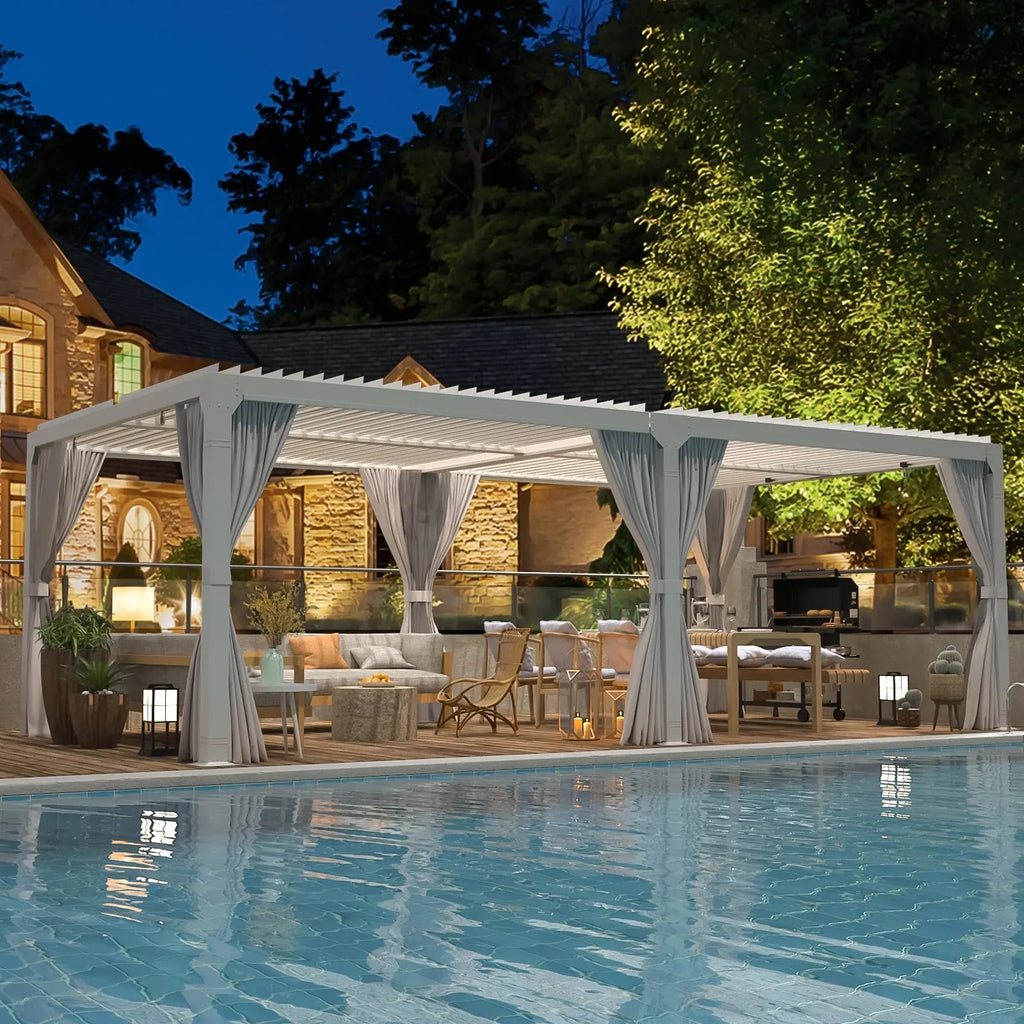 EROMMY 12x20 Freestanding Aluminum Pergola with Louvered Roof – White