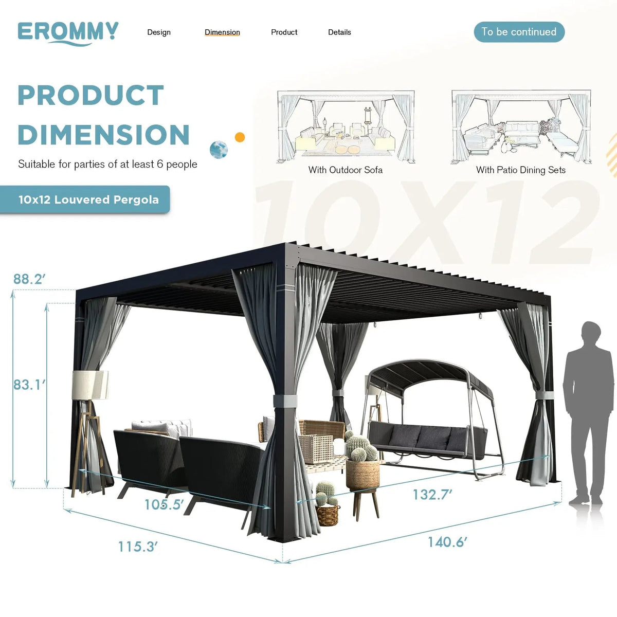 EROMMY 10x12 Outdoor Louvered Pergola with Adjustable Roof– Dark Grey