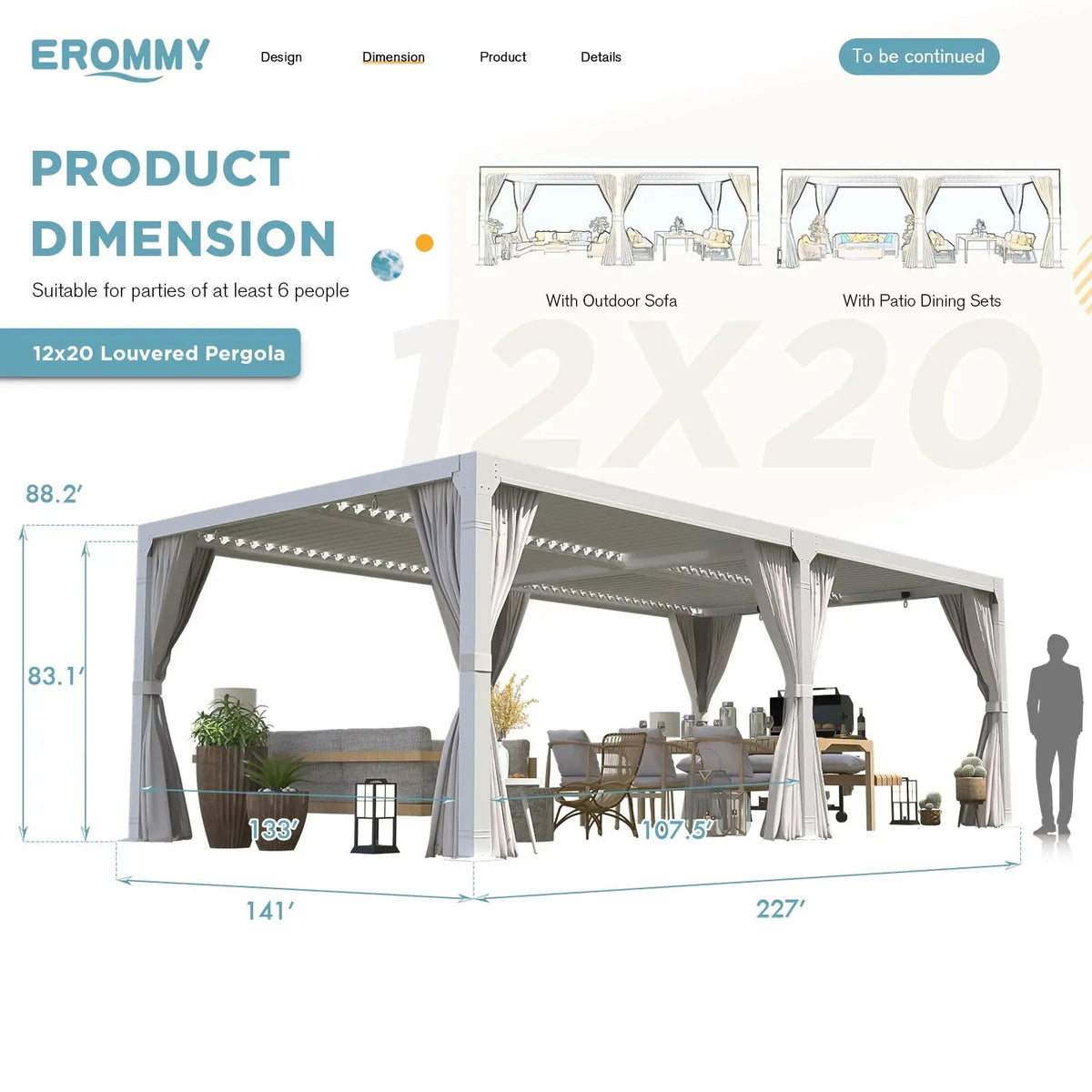 EROMMY 12x20 Freestanding Aluminum Pergola with Louvered Roof – White