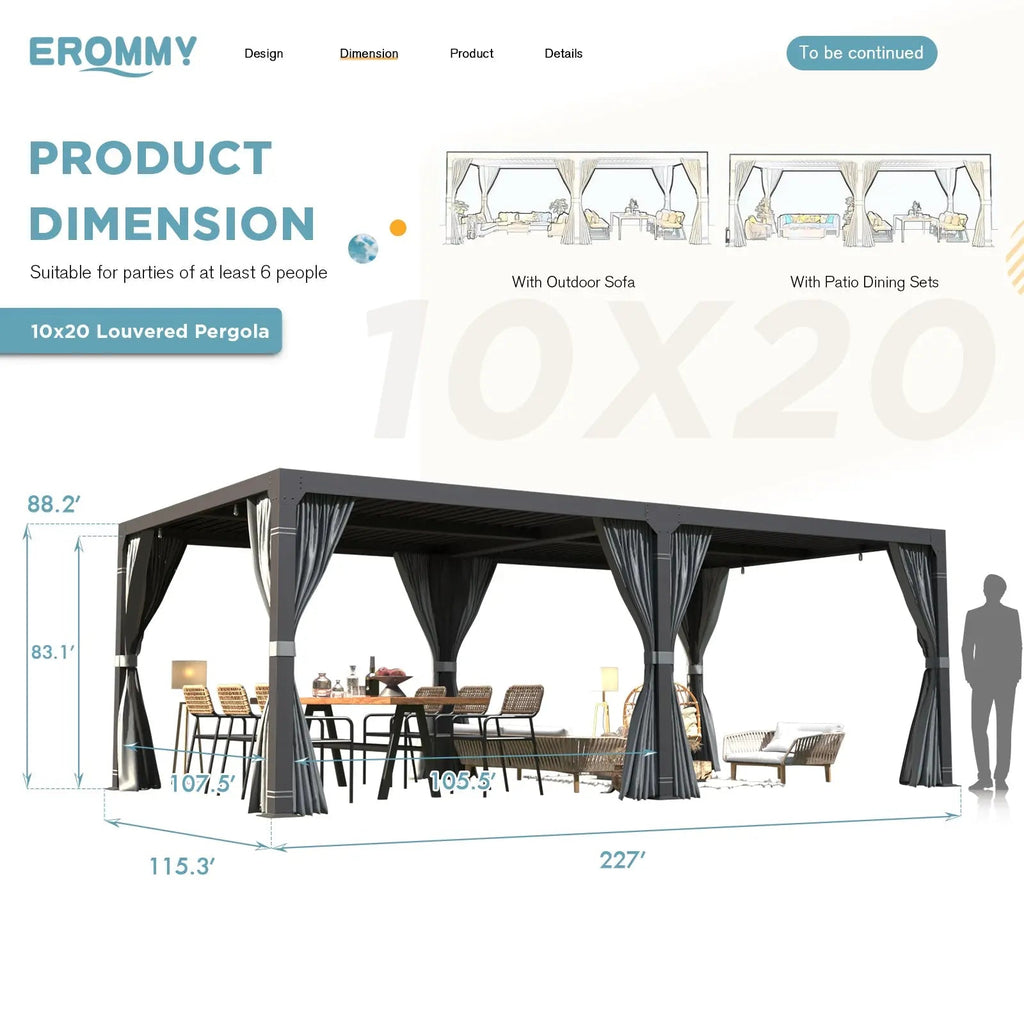 EROMMY 10x20 Metal Louvered Pergola with Outdoor Curtains – Dark Grey
