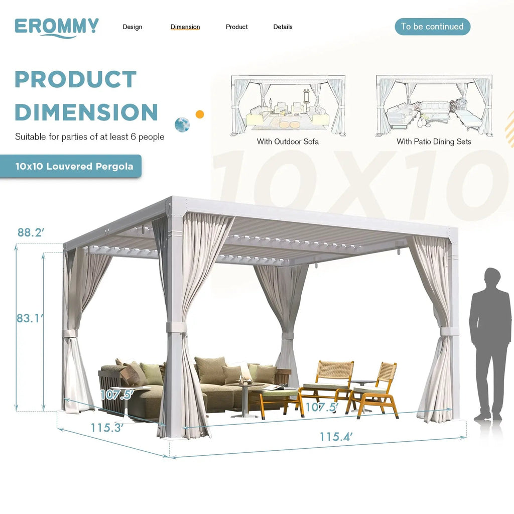 EROMMY 10x10 Louvered Pergola with Waterproof Rain Cover – White