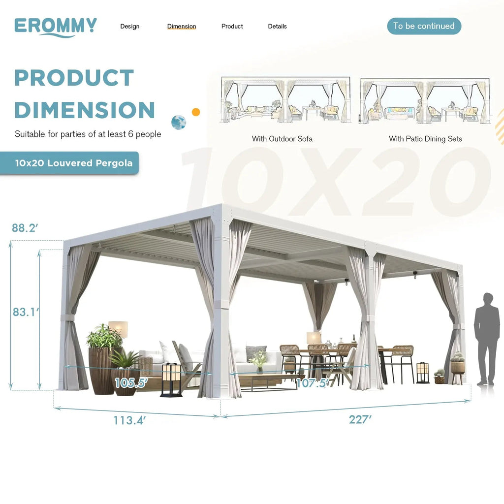 EROMMY 10x20 Louvered Pergola with Outdoor Curtains – White