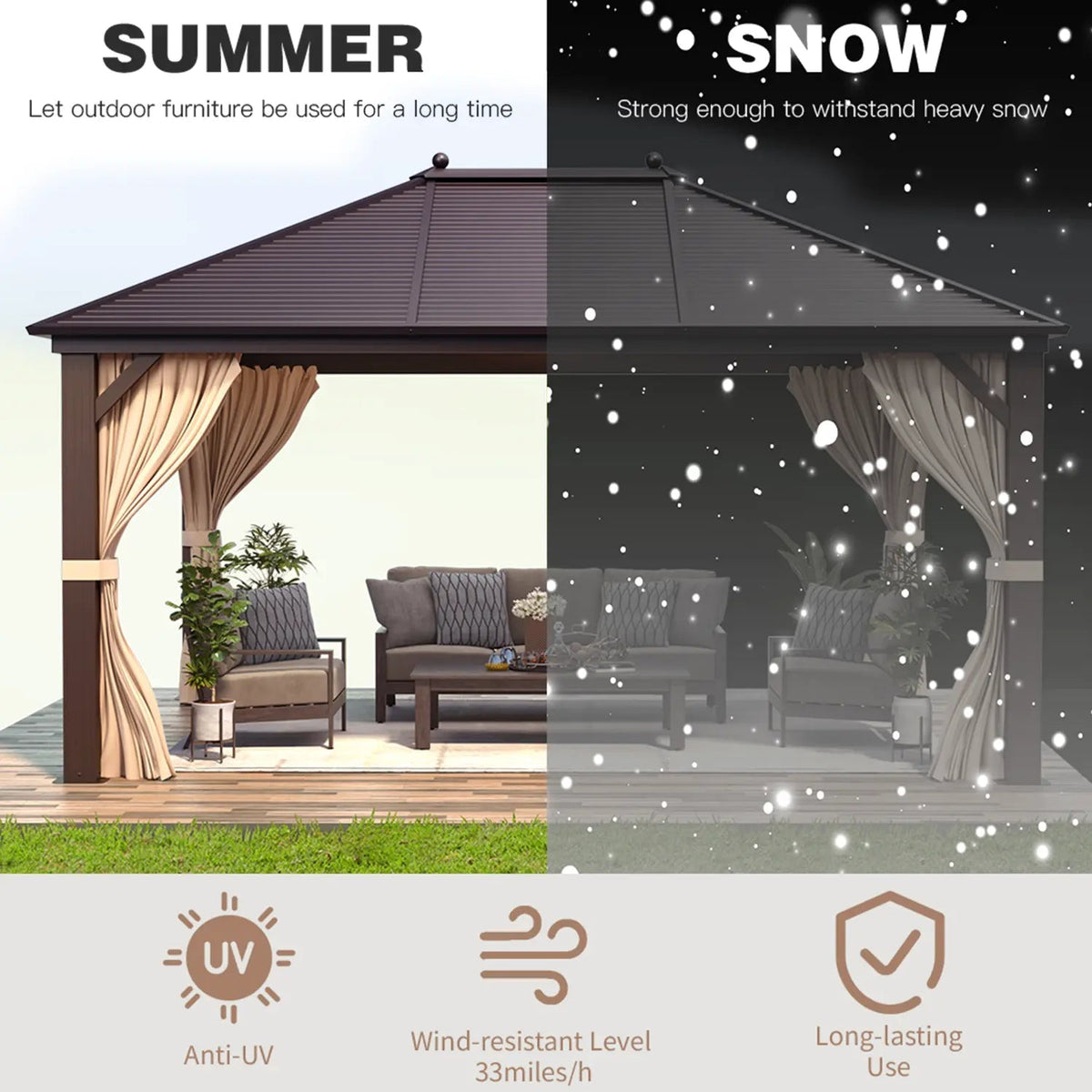 EROMMY 10' x 13' Hardtop Gazebo Hardtop Gazebo, Outdoor Galvanized Steel Canopy, Aluminum Furniture with Netting for Garden, Patio