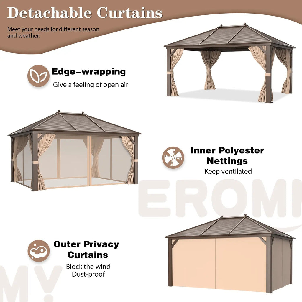 EROMMY 10' x 13' Hardtop Gazebo Hardtop Gazebo, Outdoor Galvanized Steel Canopy, Aluminum Furniture with Netting for Garden, Patio