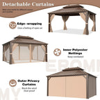 EROMMY 10' x 13' Hardtop Gazebo Canopy, Outdoor Aluminum Gazebo with Galvanized Steel Double Roof, Curtains and Netting Included, Brown