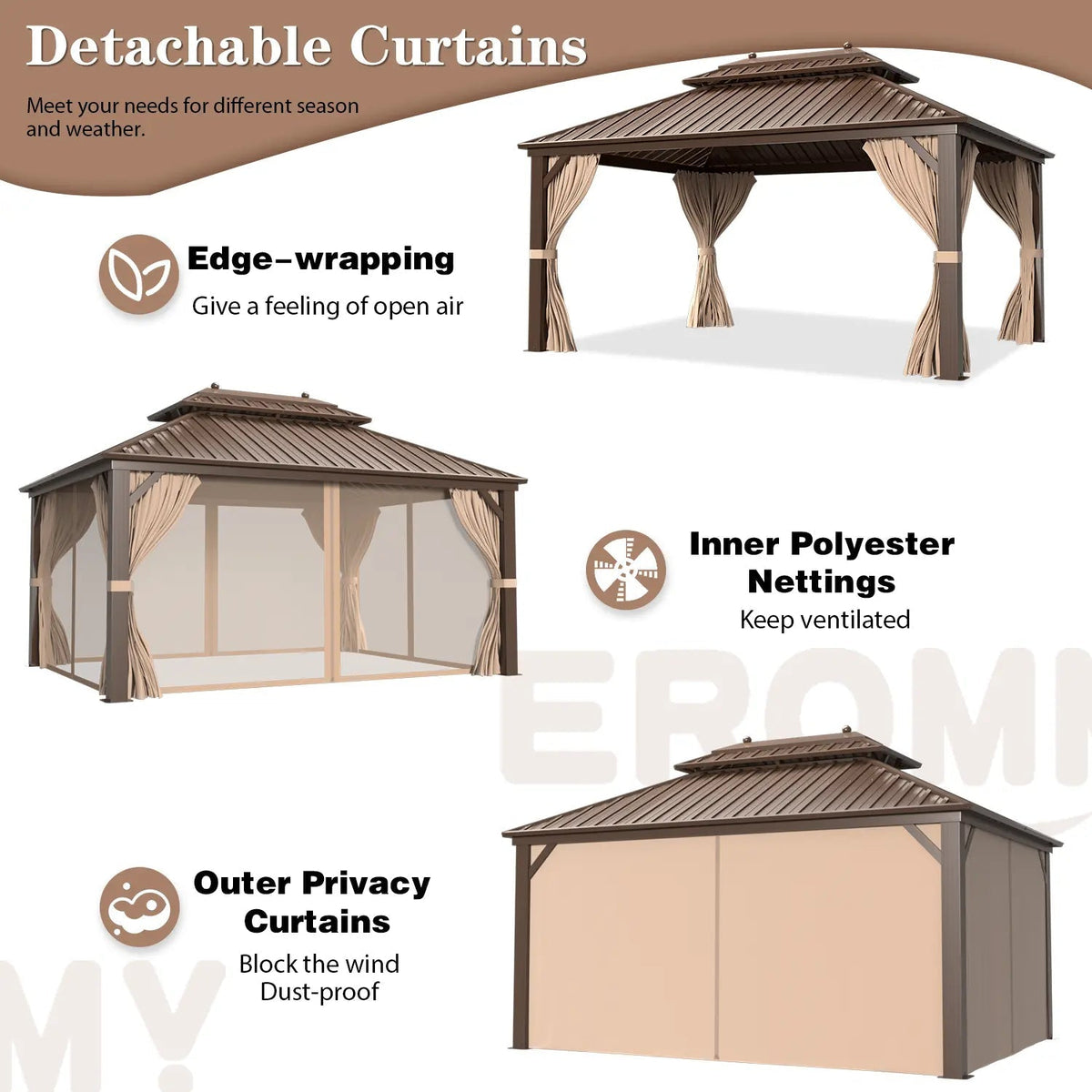EROMMY 10' x 13' Hardtop Gazebo Canopy, Outdoor Aluminum Gazebo with Galvanized Steel Double Roof, Curtains and Netting Included, Brown
