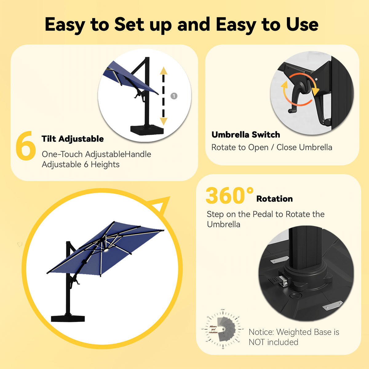 EROMMY 10 X 10 Outdoor Weather-resistant Umbrella with LED, Base Excluded - Navy
