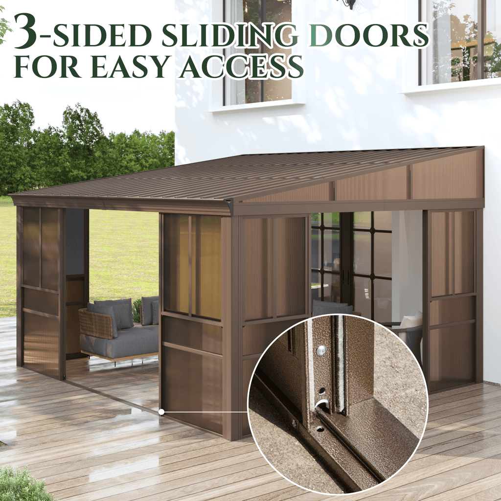 EROMMY 10 x 12FT Wall-Mounted Sunroom with Removable 3-Sided Doors & Aluminum Frame, All-Weather Sun Room with Galvanized Steel Roof, 6mm Thickened PC Screen