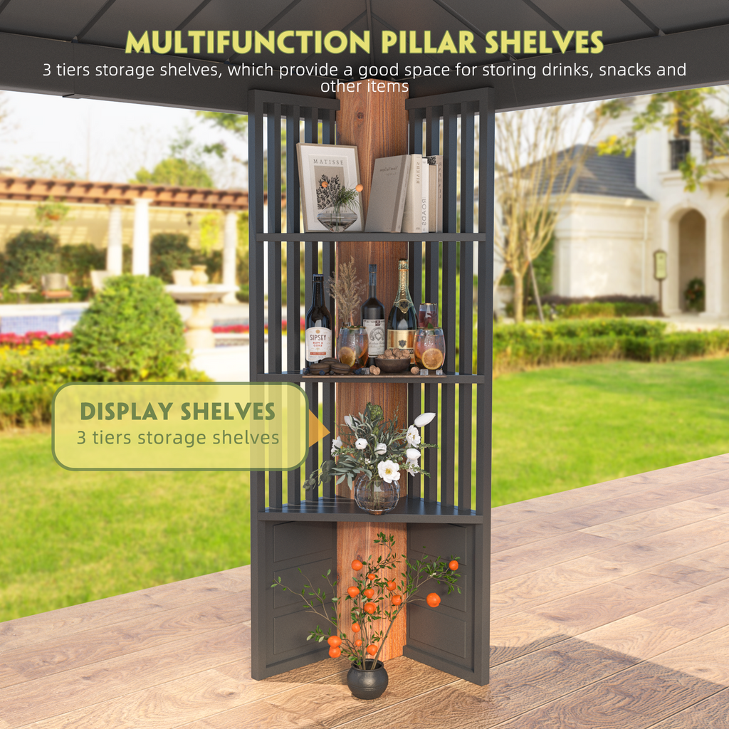 EROMMY 12' x 14' Hardtop Gazebo, Galvanized Steel Top with Wood Grain Aluminum Frame, Permanent Metal Pavilion with Three-Layer Storage Shelvess