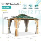 EROMMY 10'x12' Gazebo, Outdoor Wood Grain Hardtop Gazebos, Aluminum Composite Double Roof with Privacy Curtain and Mosquito Net Green