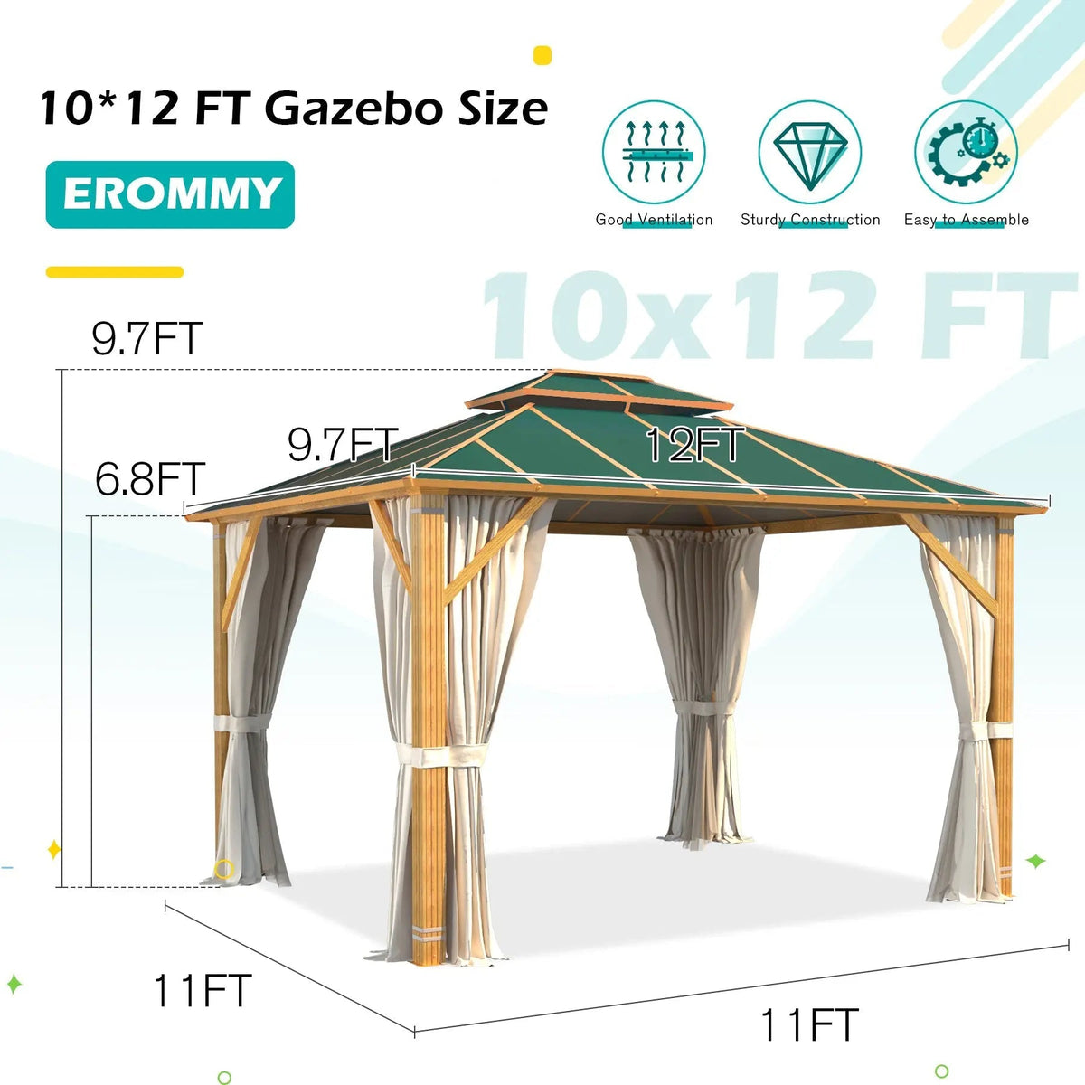 EROMMY 10'x12' Gazebo, Outdoor Wood Grain Hardtop Gazebos, Aluminum Composite Double Roof with Privacy Curtain and Mosquito Net Green