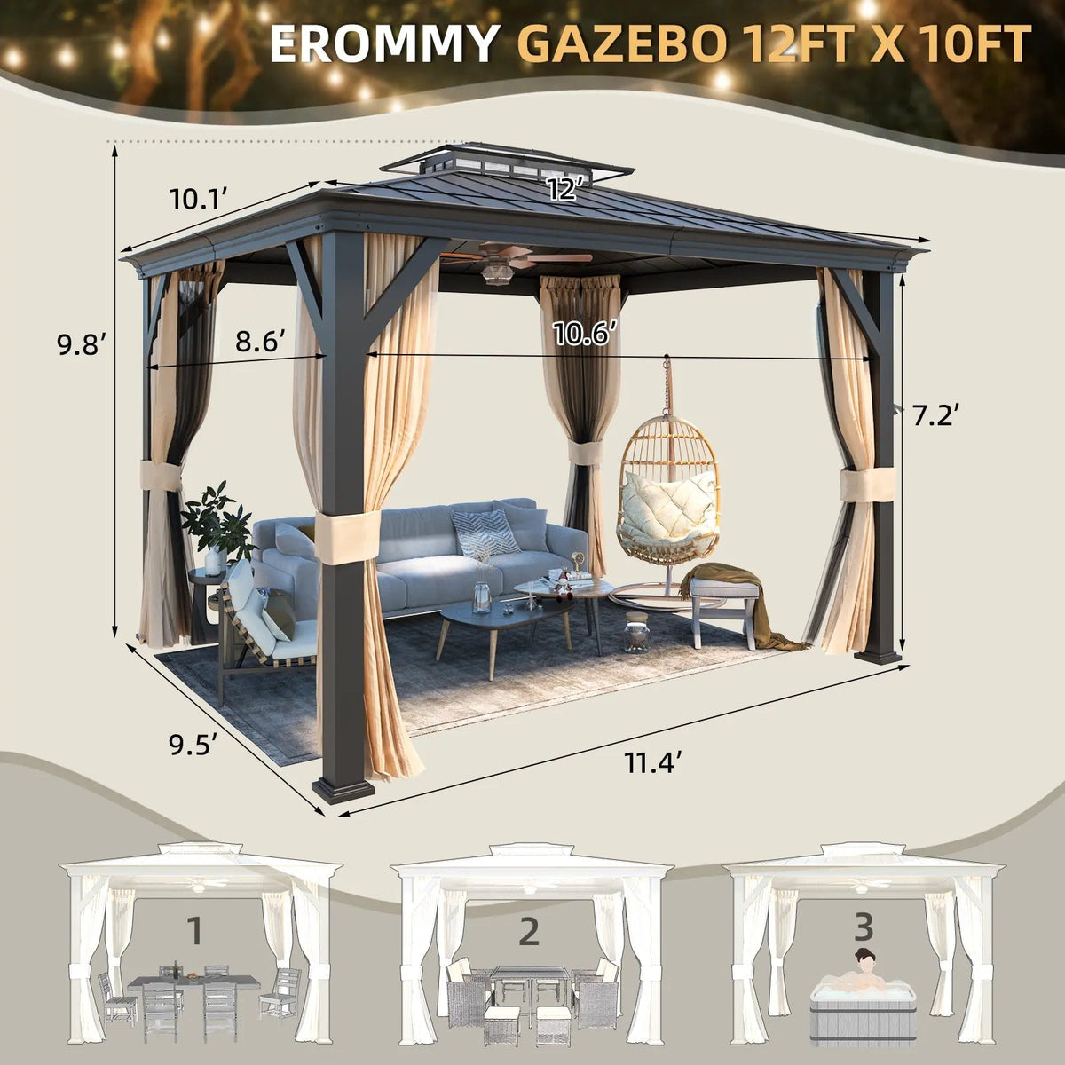 EROMMY 10X12 Gazebo with Double Galvanized Steel Roof