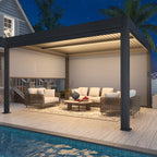 EROMMY 10' x 13' Outdoor Pergola with LED Lights, Aluminum Gazebo with Motorized Louvers & Side Screens for Patio, Backyard & Poolside, Black