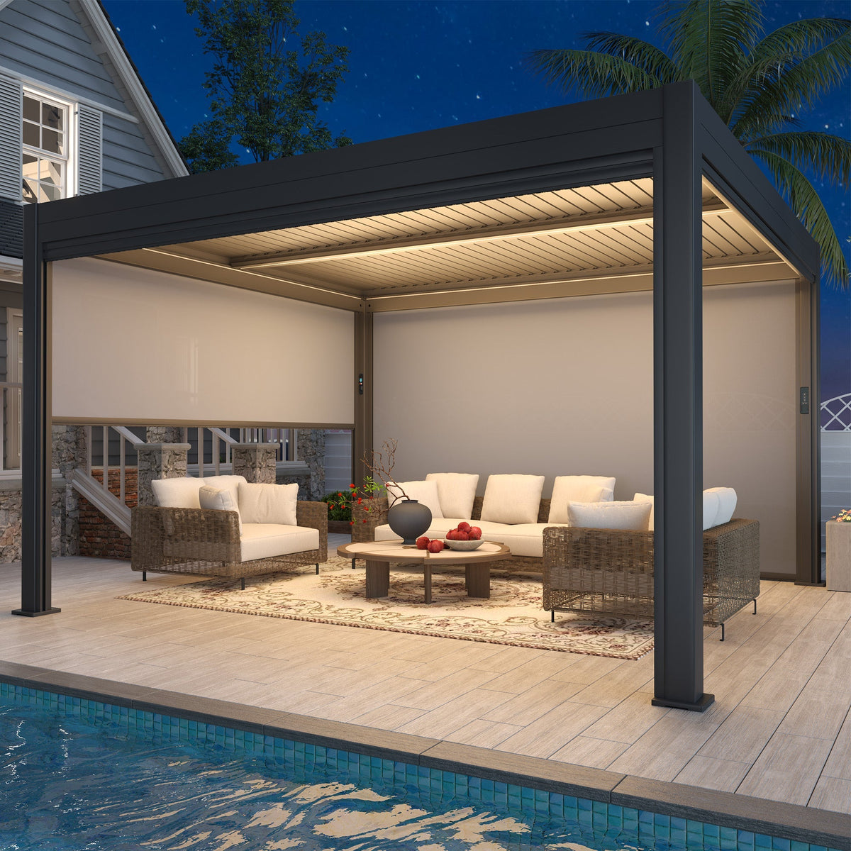 EROMMY 10' x 13' Outdoor Pergola with LED Lights, Aluminum Gazebo with Motorized Louvers & Side Screens for Patio, Backyard & Poolside, Black