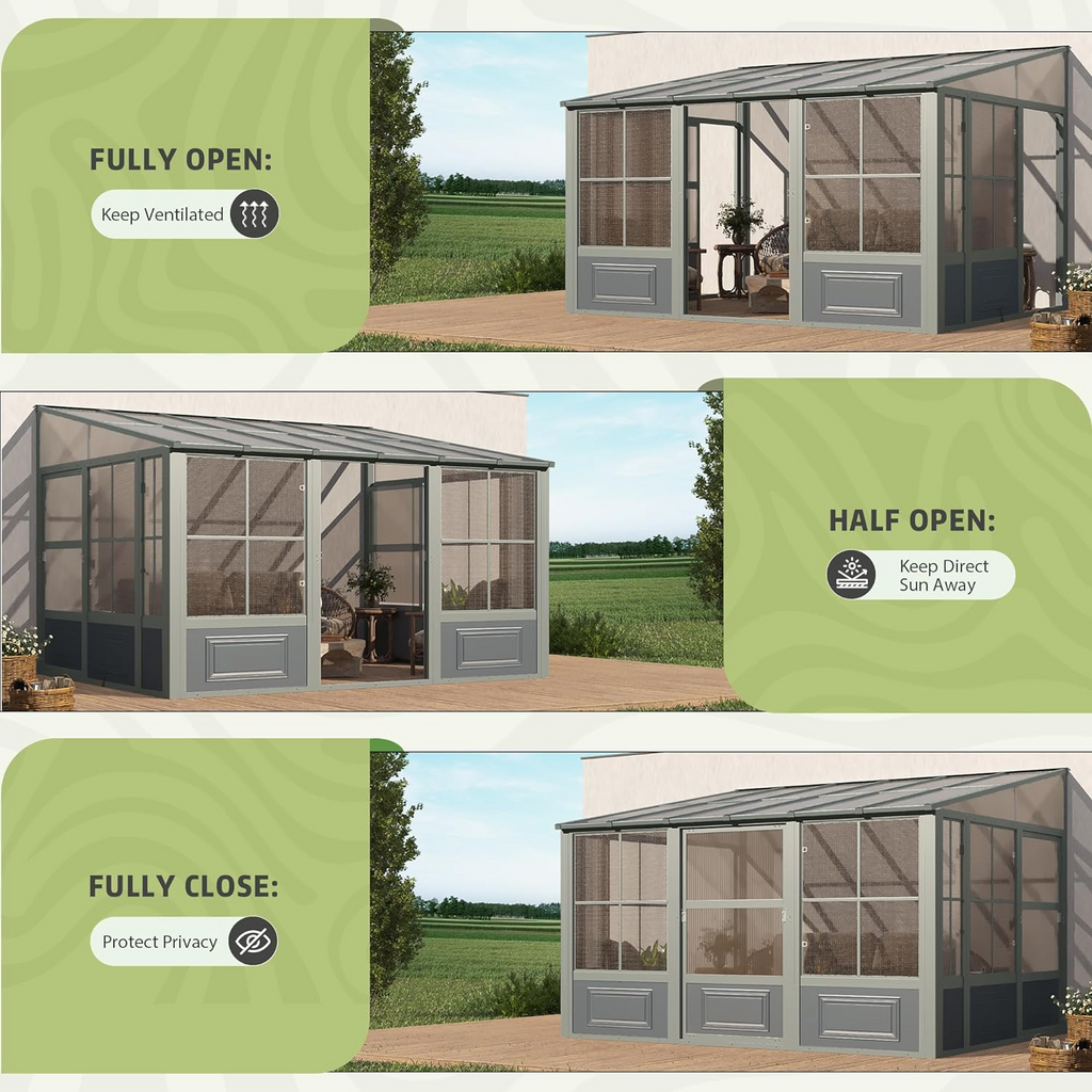 EROMMY 10X12 Wall Mounted Sunroom with Prefabricated 4-season Design – Grey
