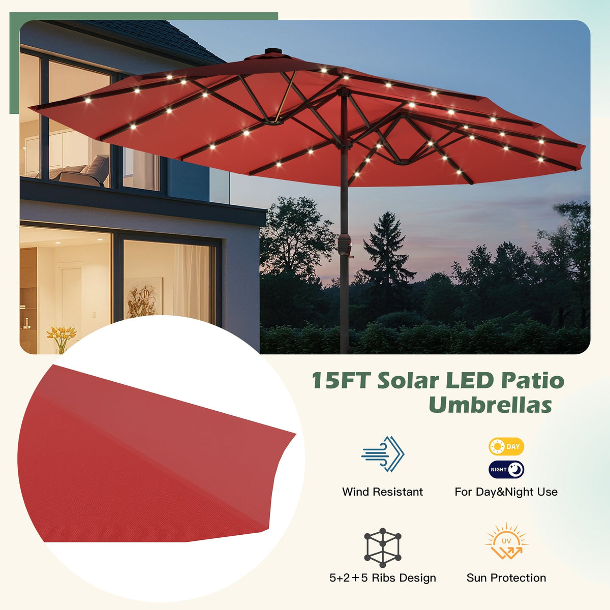 EROMMY 15 X 9 Double-Sided Large Umbrella with Solar LED - Red