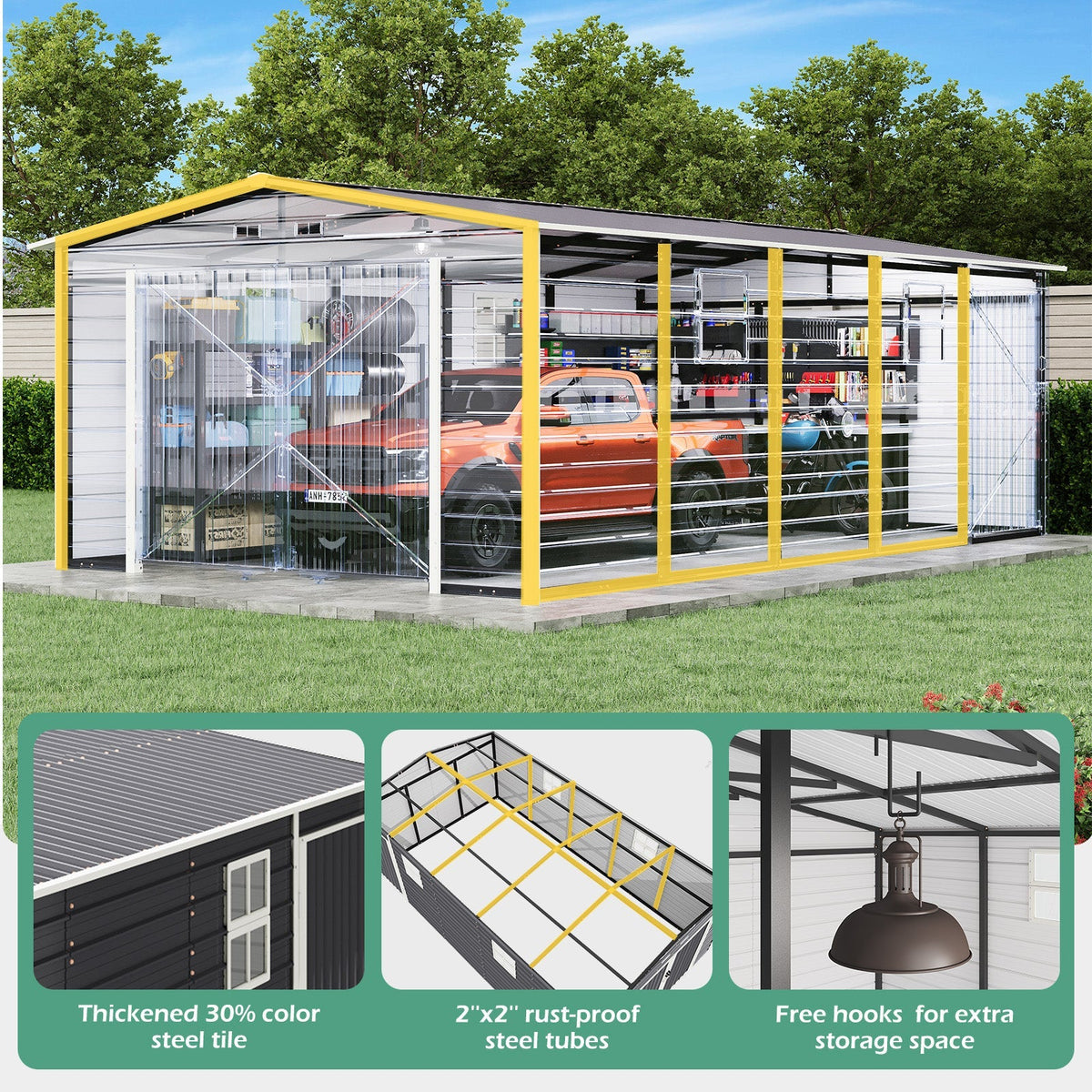 EROMMY 14x24 FT Heavy Duty Carport - Galvanized Steel Frame Car Shelter with Reinforced Base, Enclosed Storage Shed for Cars & Trucks, Grey