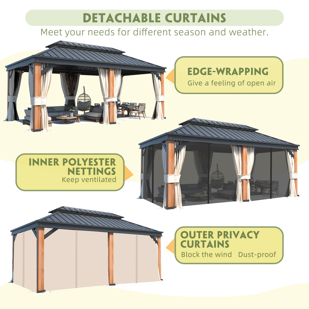 EROMMY 12X20 Wooden Finish Coated Aluminum Gazebo with Metal Roof