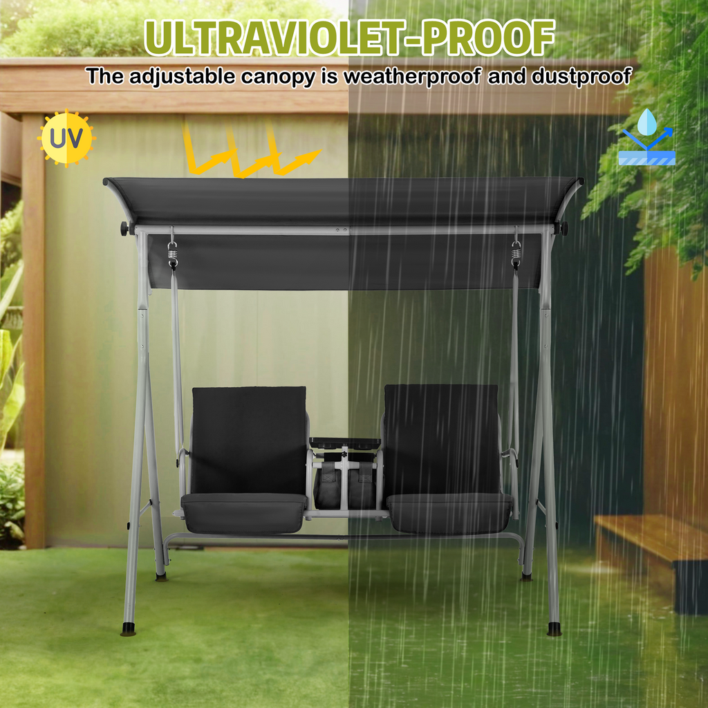 EROMMY 2-Person Outdoor Swing with Canopy, Storage Table, Cooler Bag & Cushions – Black