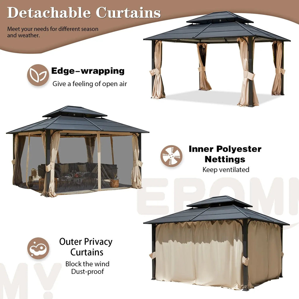 EROMMY 12' x 14' Hardtop Gazebo Outdoor Double Roof with Curtains and Netting,  Anti-Rust Coating Frame