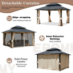 EROMMY 12' x 14' Hardtop Gazebo Outdoor Double Roof with Curtains and Netting,  Anti-Rust Coating Frame