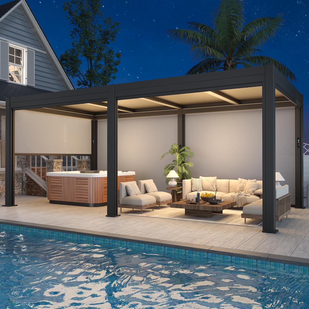 EROMMY 10' x 20' Outdoor Pergola with LED Lights, Aluminum Gazebo with Motorized Louvers & Side Screens for Patio, Backyard & Poolside, Black