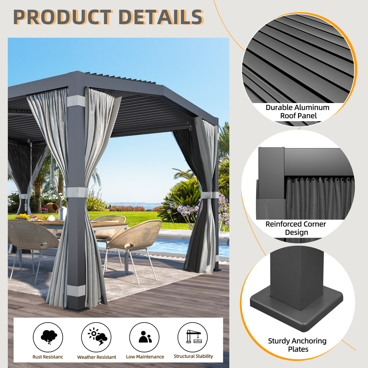 EROMMY 11x13 Aluminum Pergola with Louvered Canopy – Dark Grey